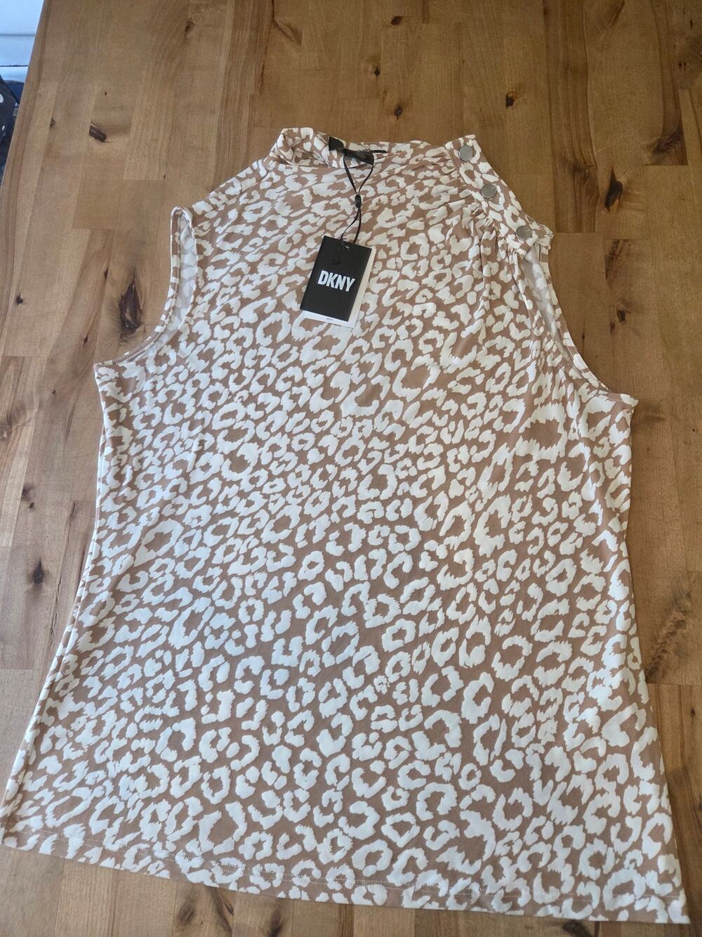 DKNY Sleeveless Leopard Print Mock Neck Top - Size Large